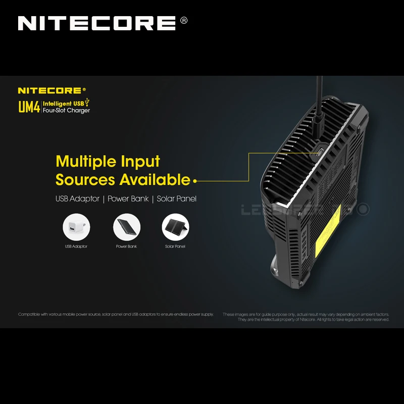 Интеллектуальное зарядное устройство Nitecore UM4 с четырьмя слотами USB совместимое