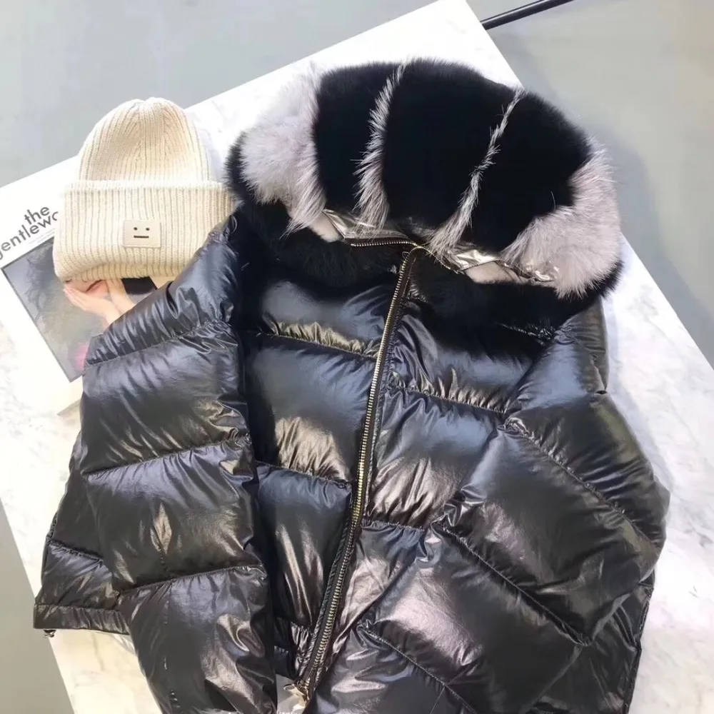 England style 2018 winter new women real fur coat natural fox fur collar loose hooded short coat sliver white duck down jacket