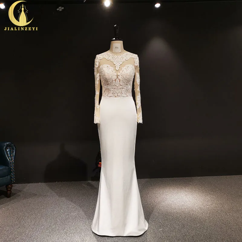 

2019 Rhine Sexy Real Picture Crew Neck Long Sleeves Lace Appliques with Satin Mermaid Floor Length Wedding dresses