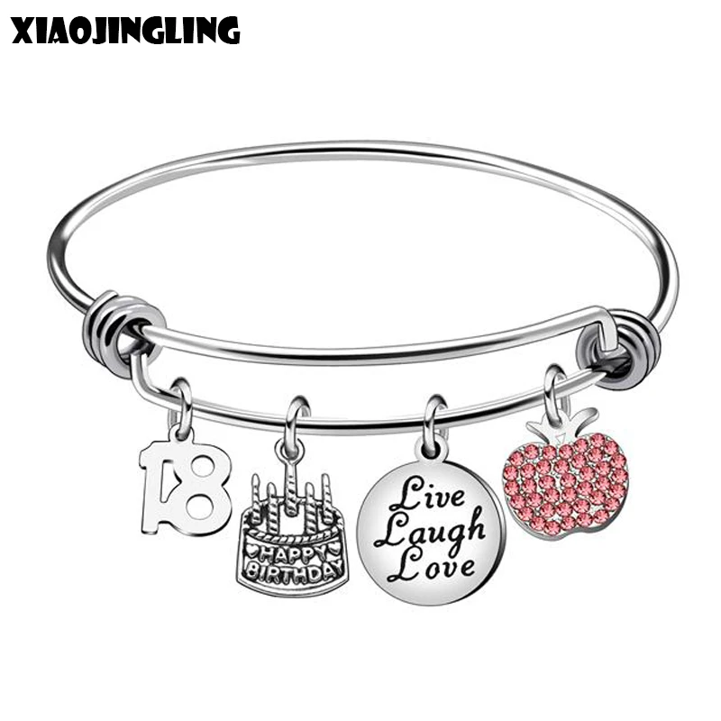 

XIAOJINGLING Live Laugh Love Pendant Bracelets & Bangles Fashion Cake Pink Crystal Bracelet For 18 Years Old Birthday Gifts