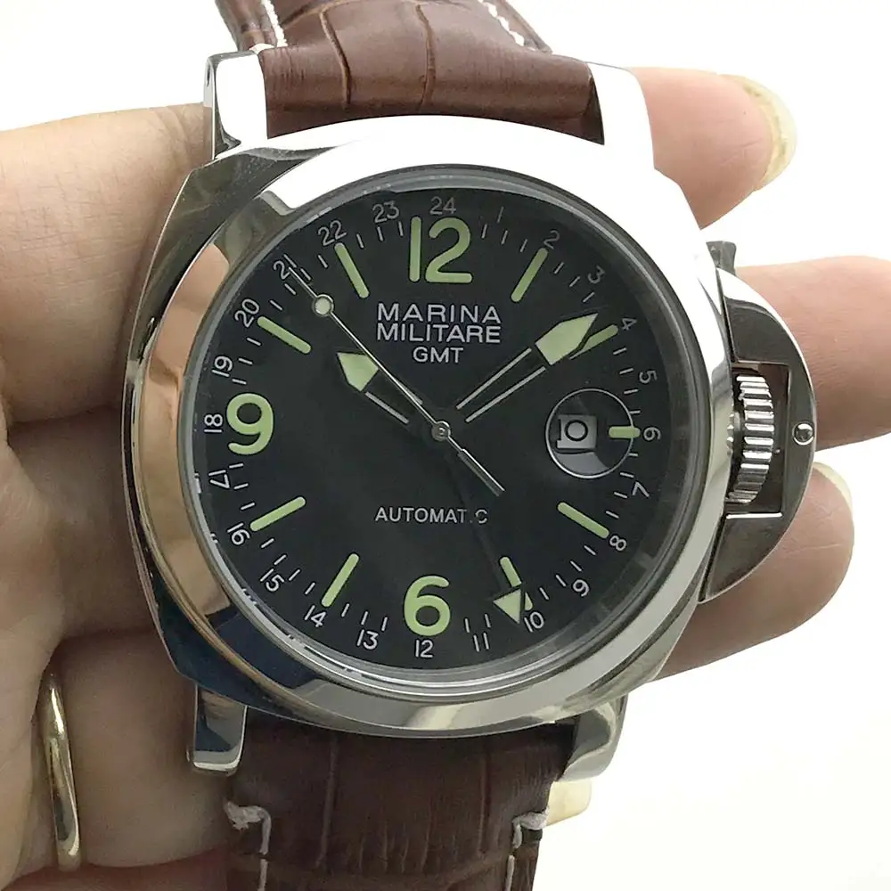 Часы Parnis 44 мм GMT автоматический механизм мужские часы из нержавеющей стали полированный чехол с кожаным ремешком
