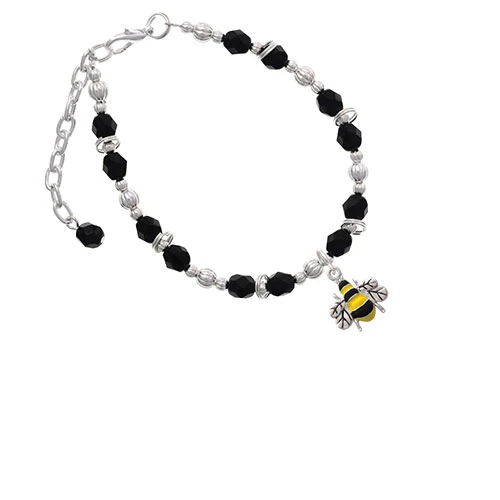 Silvertone Enamel Bee Black Beaded Bracelet