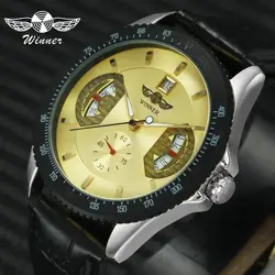 Топ бренд класса люкс золотые часы для мужчин WINNER Авто Механический дисплей даты модные наручные часы кожаный ремешок повседневные
