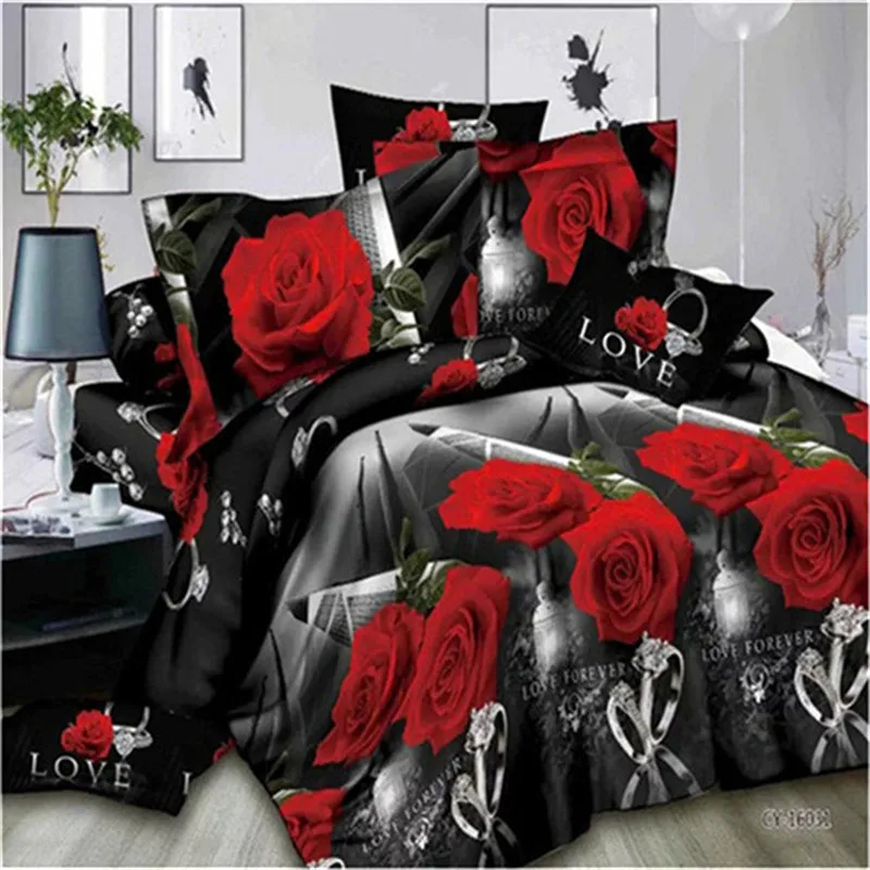 

4pcs Polyester fiber 3d series bedding set queen size rose pattern design include pillowcase duvet cover bed sheet