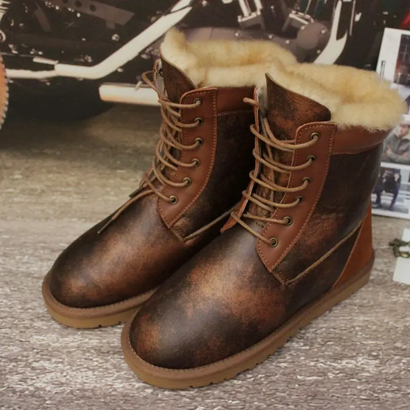 

EXCARGO 45 Plus Size Man Snow Boots Ankle High Martin Boots Shoes Genuine Leather 2018 Winter Warm Natural Wool Fur Warm Shoes