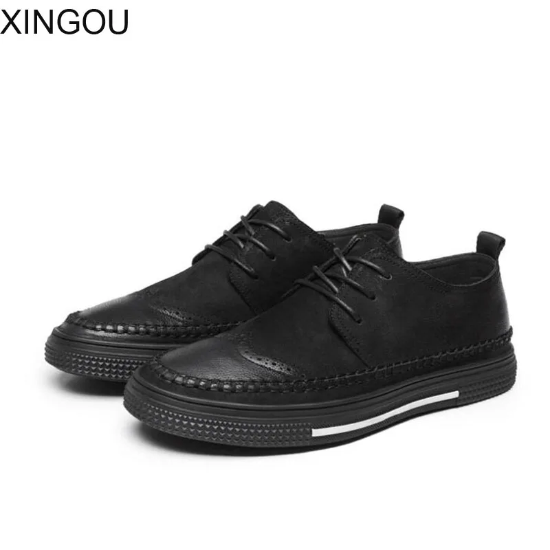

XINGOU New 2018 Spring Bullock men's shoes retro flat Genuine Leather male shoes lace round men casual shoes free shipping