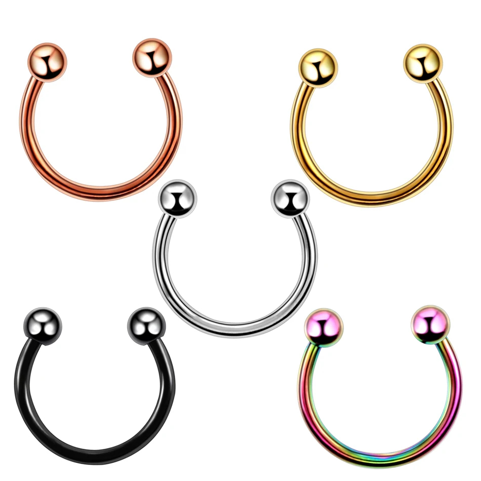 2PCS Steel Nostril Nose Ring Circular Barbell Piercing Ball Horseshoe