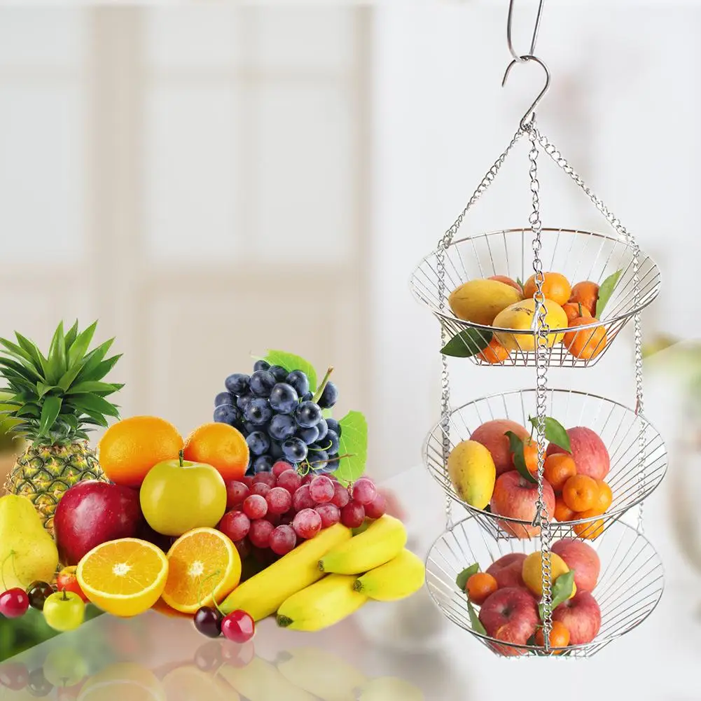 Hanging Fruit Basket Stainless Steel 3 Layer Baskets Fruit Dish For