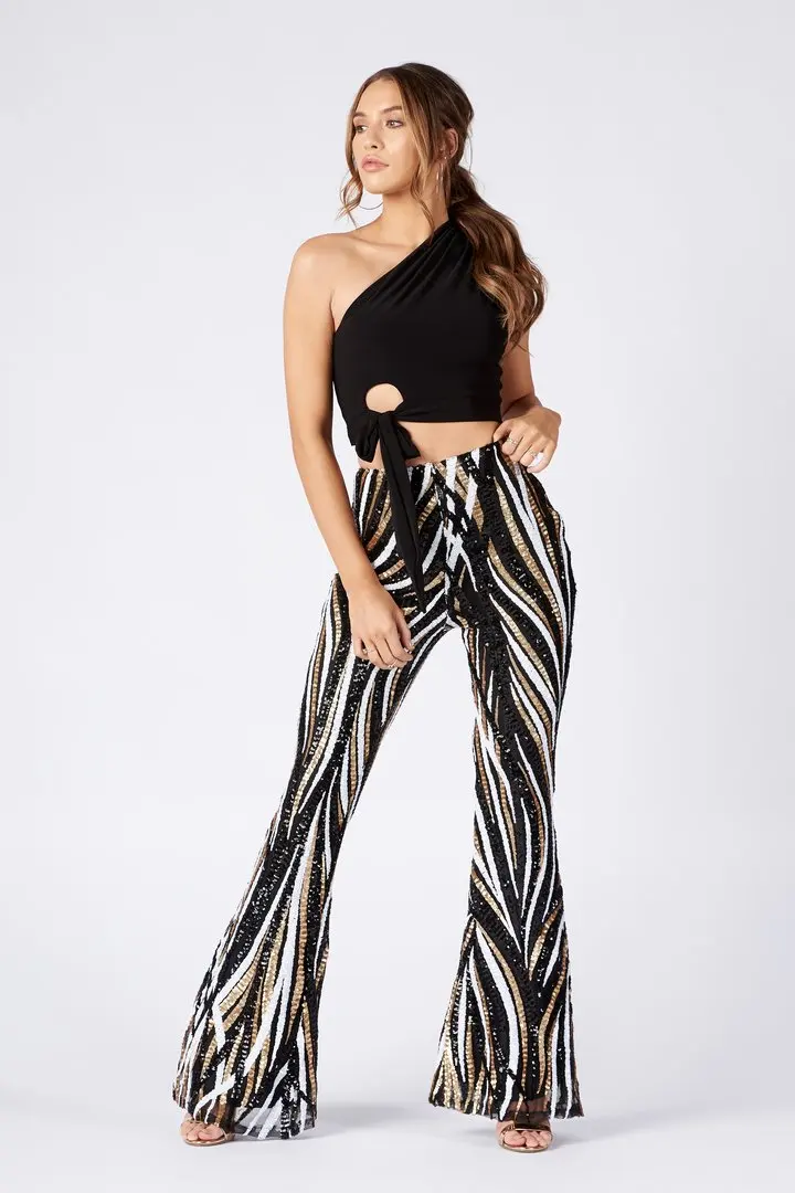 

Women Summer Sequin Pants Mesh Crochet Flare Pant Sexy Bodycon Party Trousers Clubwear