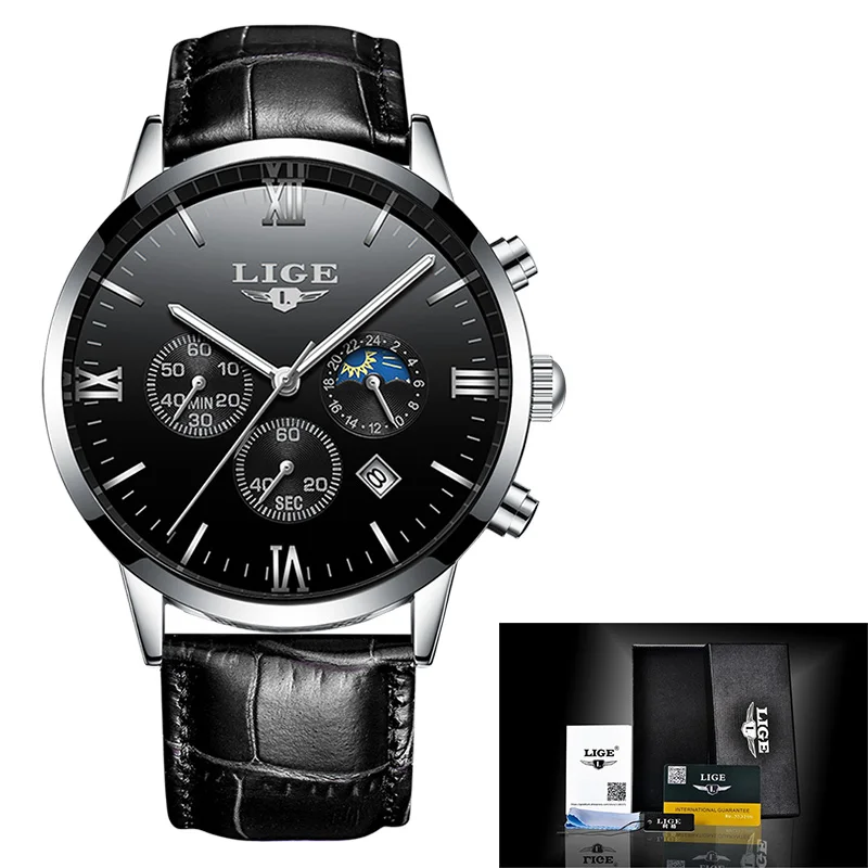 LIGE Mens Watches Top Brand Luxury Fashion Watch Men Leather Quartz Clock For Male Auto Date Rose Gold Shell relogio masculino - Цвет: Silver black
