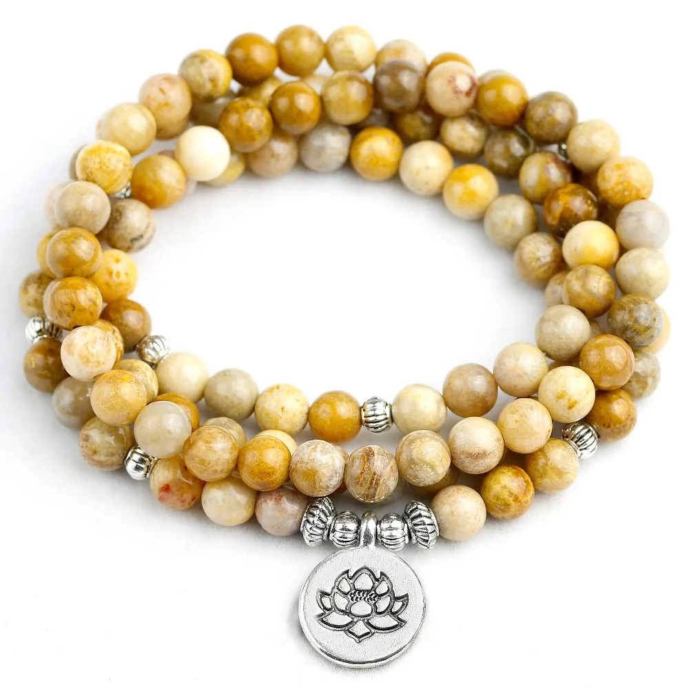 

Women`s 6 mm Fossilized Coral Bracelet 108 Mala Beads Bracelet or Necklace Women Men Lotus Charm Jewelry Yogi Birthday Gift