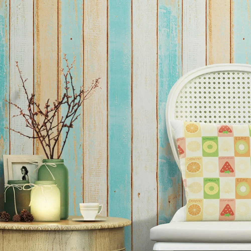 

Haokhome Modern Wood Strip Panel Peel and Stick Wallpaper Blue/Tan/Brown/Cream Self Adhesive Bedroom Living RoomWall Decoration