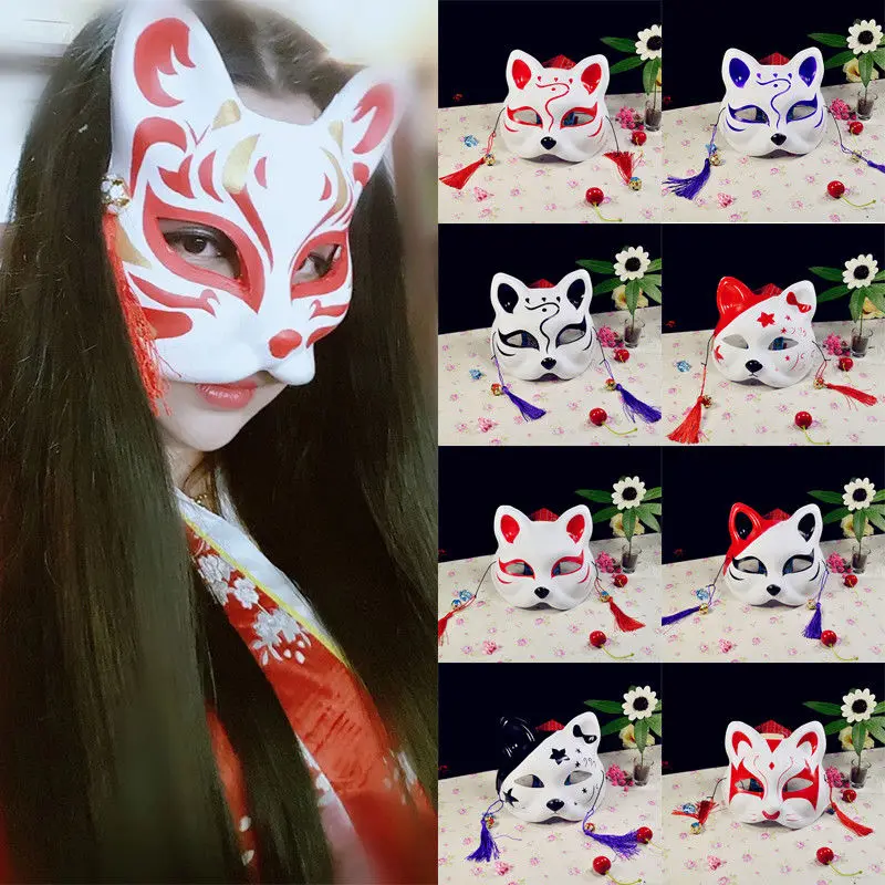 Женская маска с наполовину лисой, японское аниме, ручная роспись, кицунэ, маска для вечеринки косплей на Хэллоуин