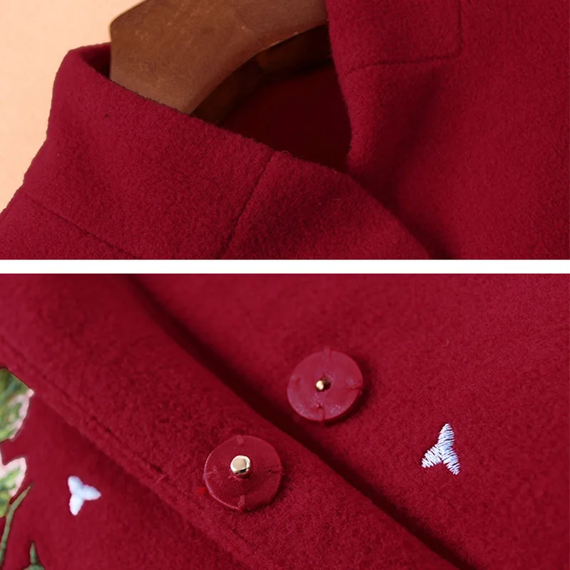 Red Black Vintage Chinese Embroidery Winter Coat Women Trench Coat Plus Size 5XL Woolen Coat For Women Long Coats 2018 High End Coats