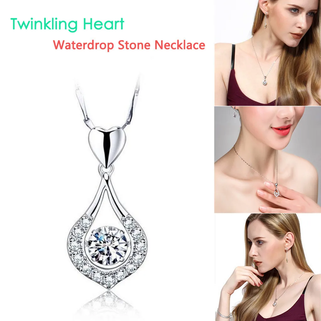 

2019 Classic Luxurious Rotate Twinkling Heart Waterdrop Stone Necklace Women Silver Pendant Necklace jewelry Beautiful Gift