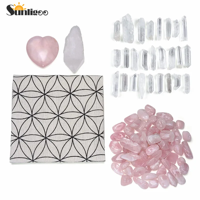 Sunligoo кристалл для исцеления чакр набор сеток сетка алтарная ткань+ розовый кварц+ прозрачный кварц+ хрустальные палочки энергетические камни декор