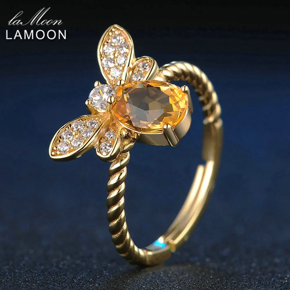 LAMOON Women Rings 925 Sterling Silver Fine Jewelry Animal Bee 5x7mm 1ct Natural Oval Citrine Wedding Ring Fashion Anillos Mujer