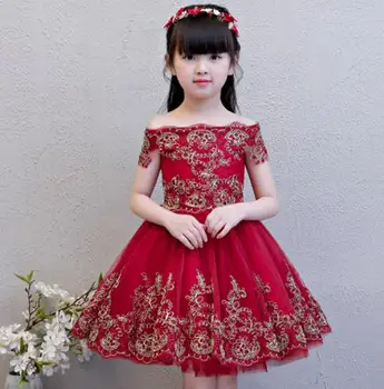 

Fashion brand Handmade Shoulderless Flower wedding Girl dress Party Pageant Princess ball Gown Dress Red Appliques evening dress