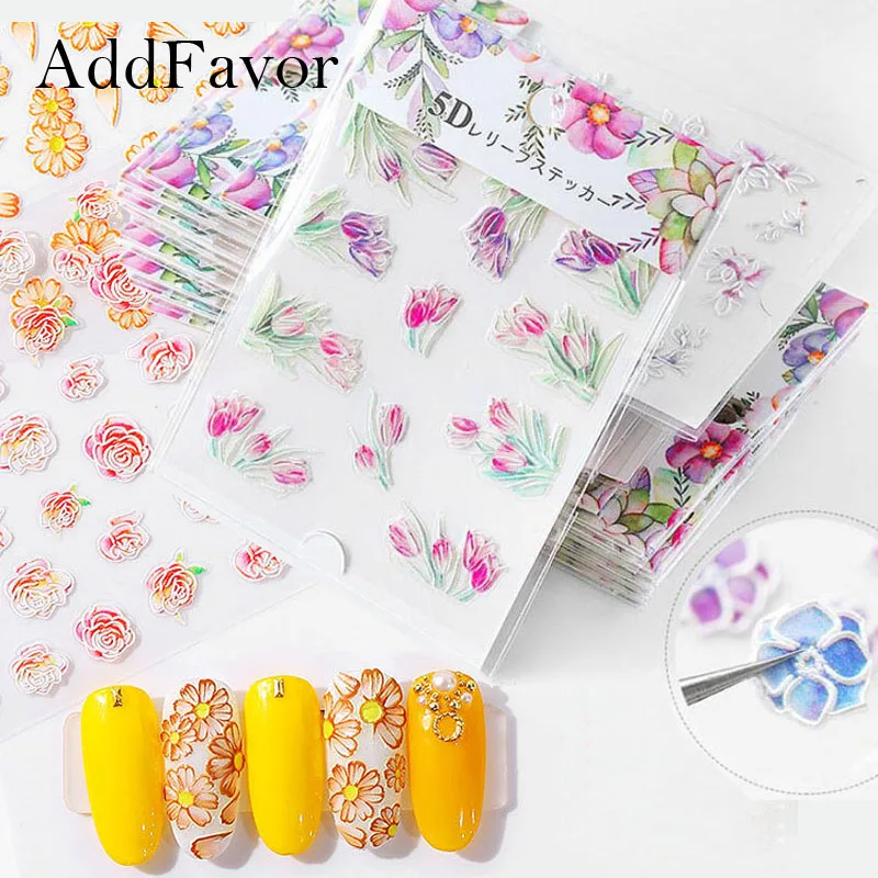 

Addfavor 5D Engraved Flower Nail Sticker Decals Self Adhesive Acrylic Embossed Template Nail Art Decoration DIY Summer Decor