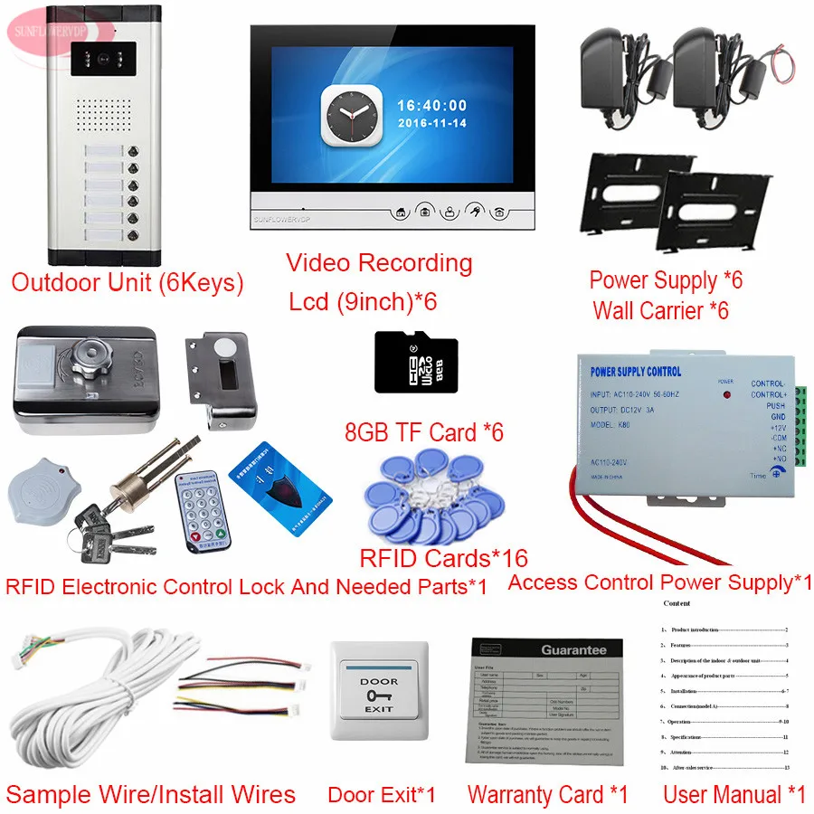 9 "видеодомофон для квартиры 6 мониторов наружная камера для 6 семьи Rfid дверной замок домашняя запись системы селекторной связи + 8 Гб TF карта