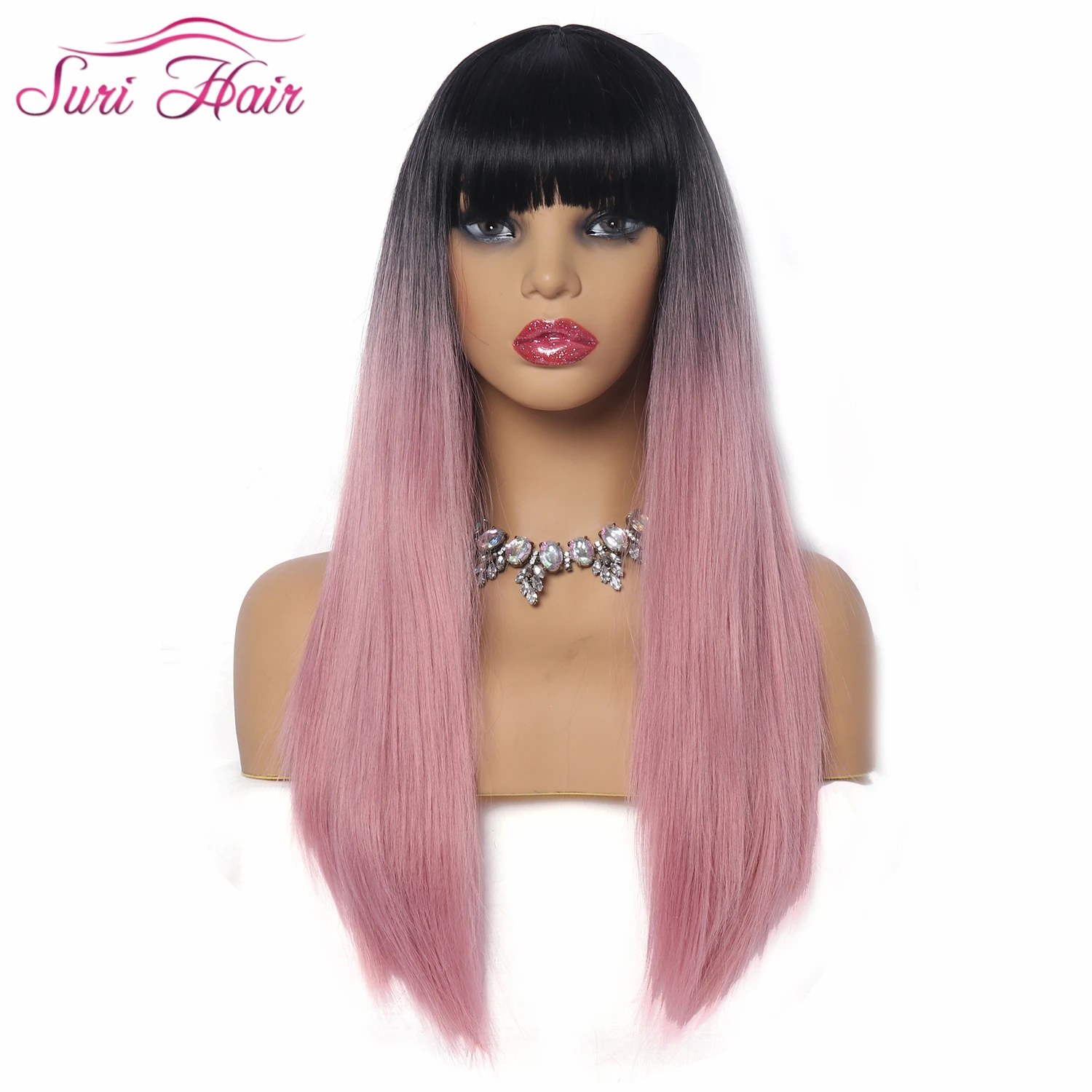 Suri волосы 26 ''длинные прямые синтетические парики для черных женщин парики с челкой Омбре розовый/зеленый/серый волос 130% плотность