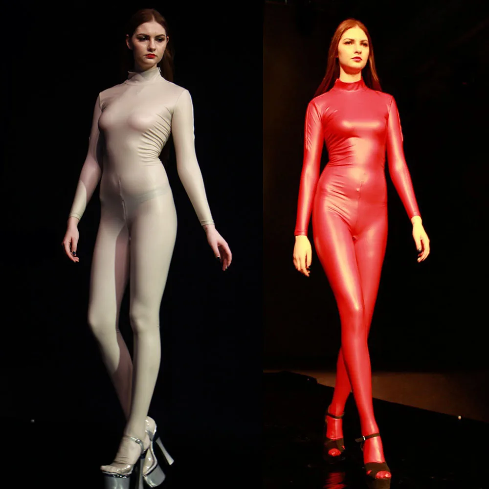 

Plus size Latex Pantyhose Full Body Long Sleeve Jumpsuit Women Open Crotch Rompers Elastic Sexy Body Shaping Overalls