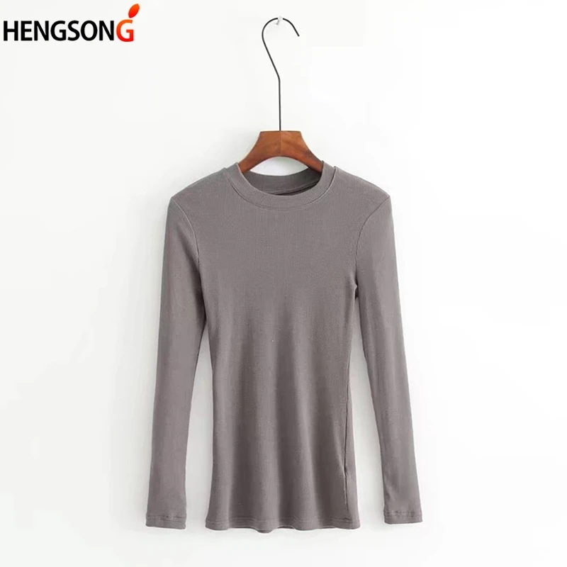 Simple Solid Color Female T-Shirt Women Crew Neck Ribbed Long Sleeve Slim Fit Crop T-shirt Crop Tops - Color: gray