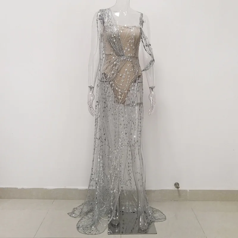 Vefinear Сексуальное Серебряное платье с блестками женское платье с высоким разрезом, светоотражающее Макси-платье длиной до пола, женские вечерние платья