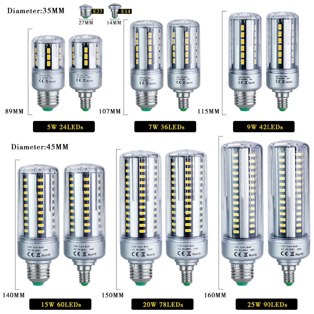 Светодиодная лампа E14 E27 SMD 5736 светодиодная кукуруза 85 265 в перем. Тока 5 Вт 7 9 15 20 25
