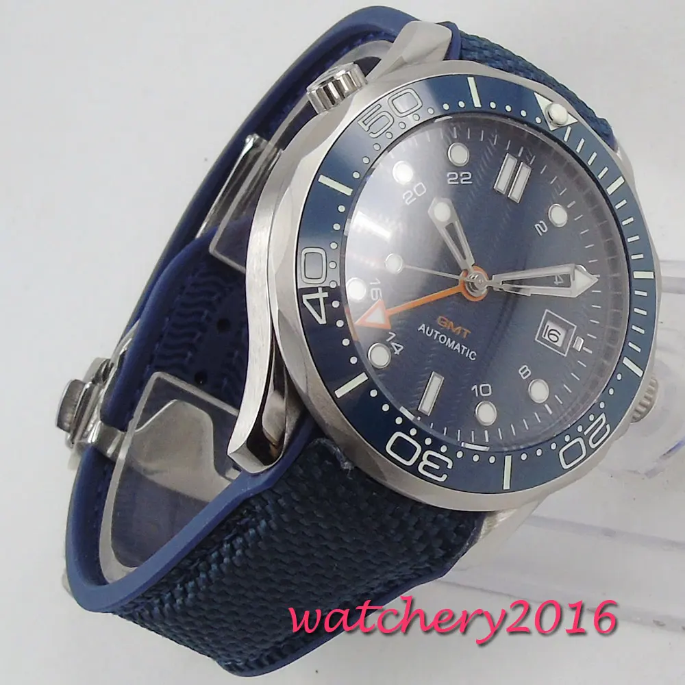 Роскошные мужские часы модные автоматические сапфировые стеклянные светящаяся Дата наручные часы GMT Bliger часы с резиновым ремнем