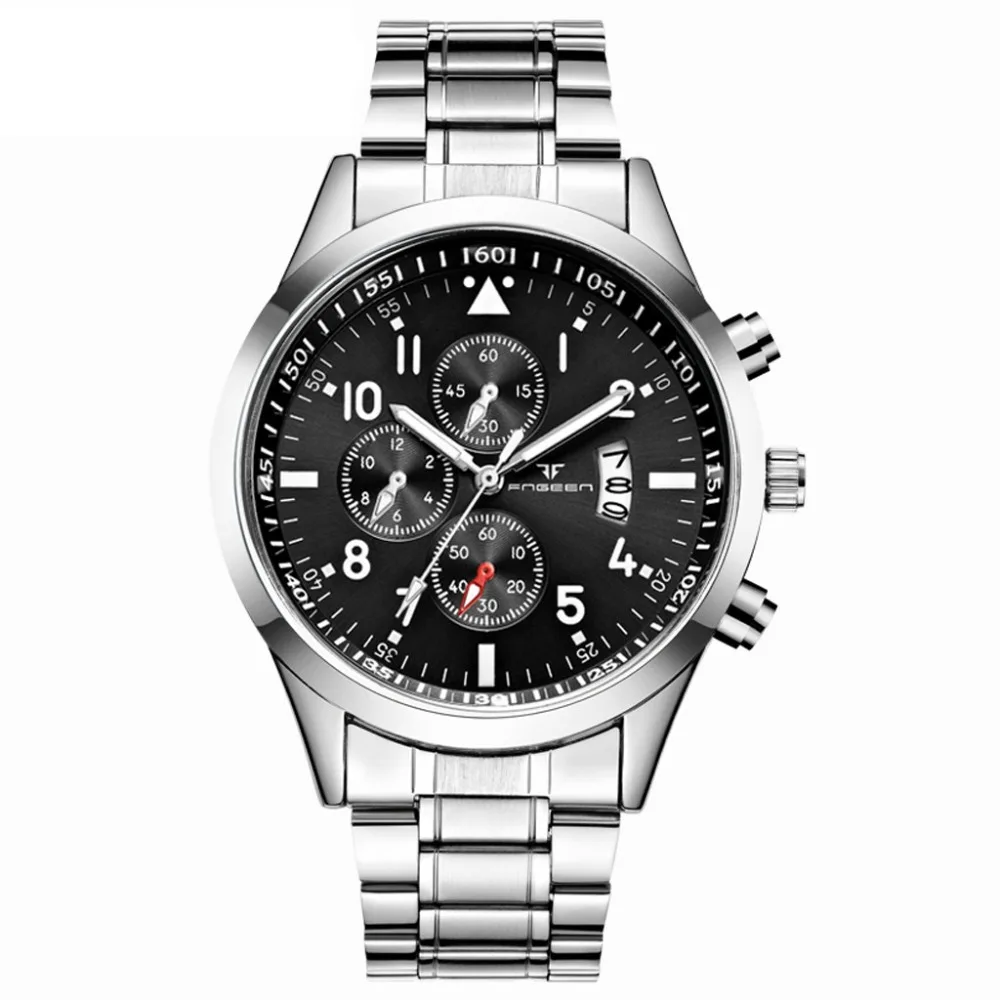 Часы мужские Роскошные серебристые черные модные повседневные кварцевые из