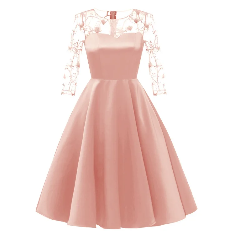 Платья с вышивкой и аппликацией, прозрачное вечернее платье, женское Сетчатое винтажное кружевное платье трапециевидной формы с рукавом 3/4 - Цвет: Розовый