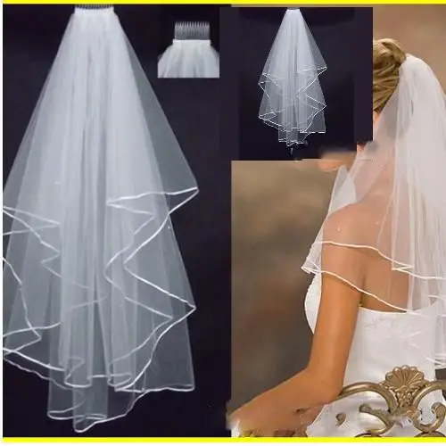 

Cheap Real Image In Stock 1 Layer White Ivory Wedding 1/5" Satin Edge Comb Wedding Veils For voile mariage