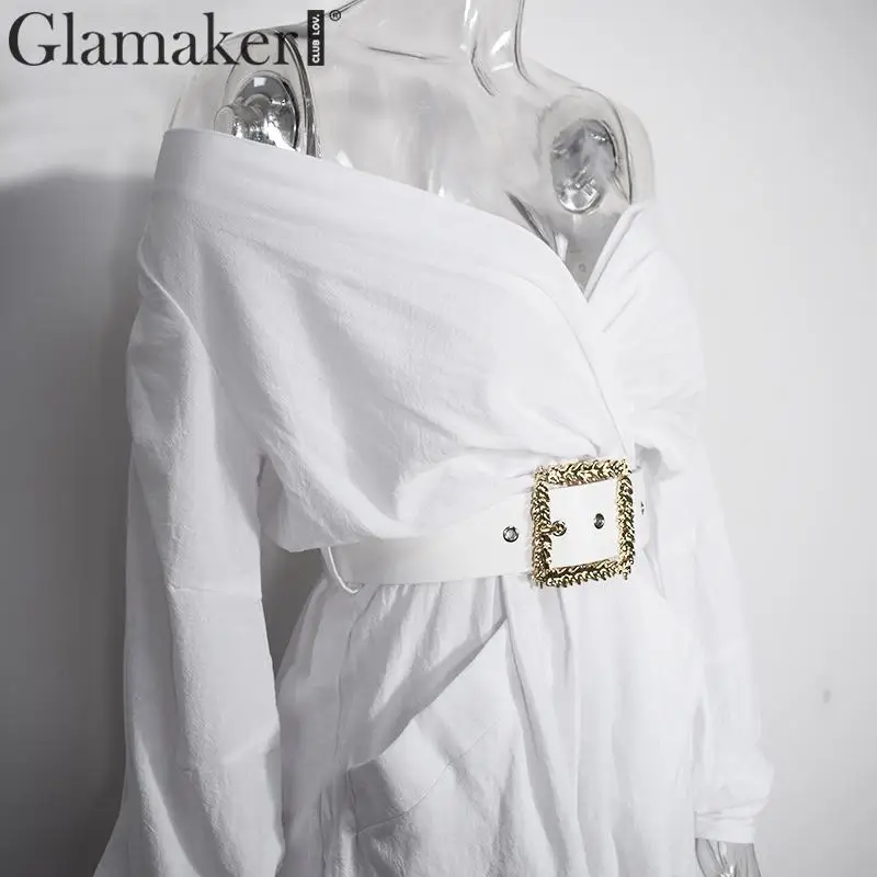 Glamaker Off shoulder long sleeve sexy short dress Summer women solid high waist belt mini dress Female party club dress elegant