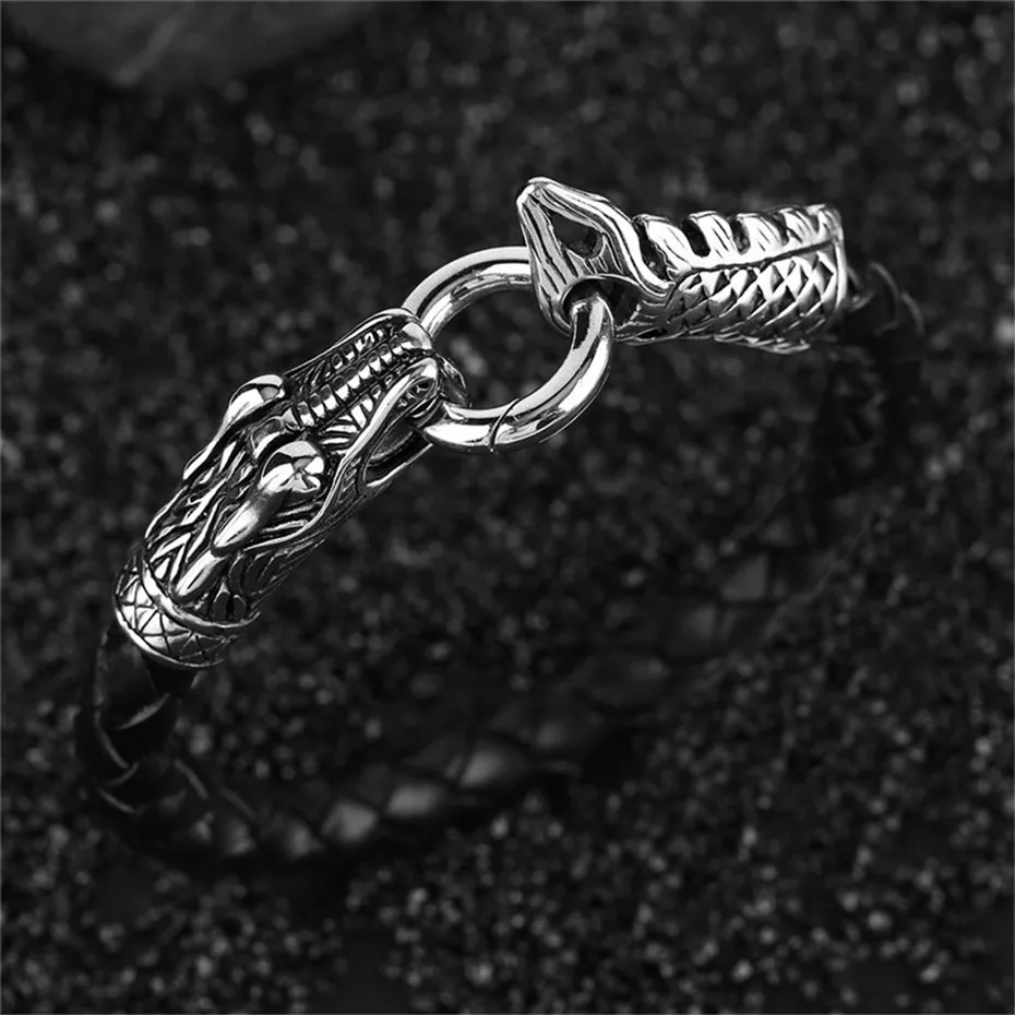 Dragon Theme Chinese Zodiac Signs Charms Men Bracelet Punk Hand-woven Leather Rope Chain Black Creative Jewelry Casual Gift (9)