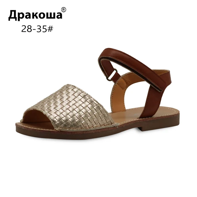 Apakowa Eur 28-35 Летняя мода для больших девочек Тканые Сандалии из искусственной кожи детская с открытым носком обувь с открытым носком для пляжа вечерние золото