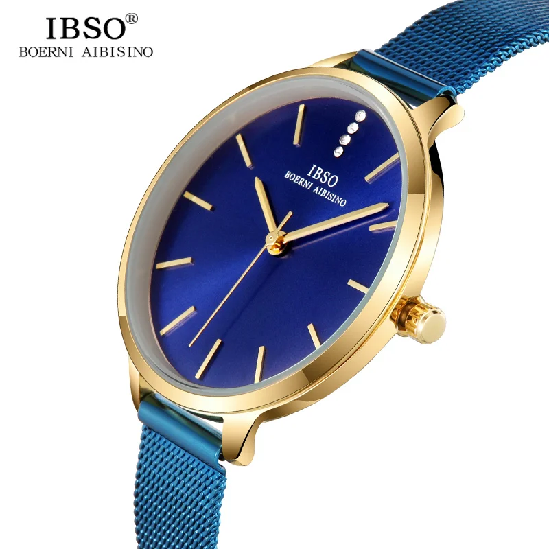 IBSO New Brand Ultra-Thin Quartz Watch Women Blue and Black Stainless Steel Mesh Strap Women Watches 2018 Fashion Montre Femme ibso brand fashion ultra thin quartz watch women stainless steel mesh and leather strap women watches 2018 fashion montre femme
