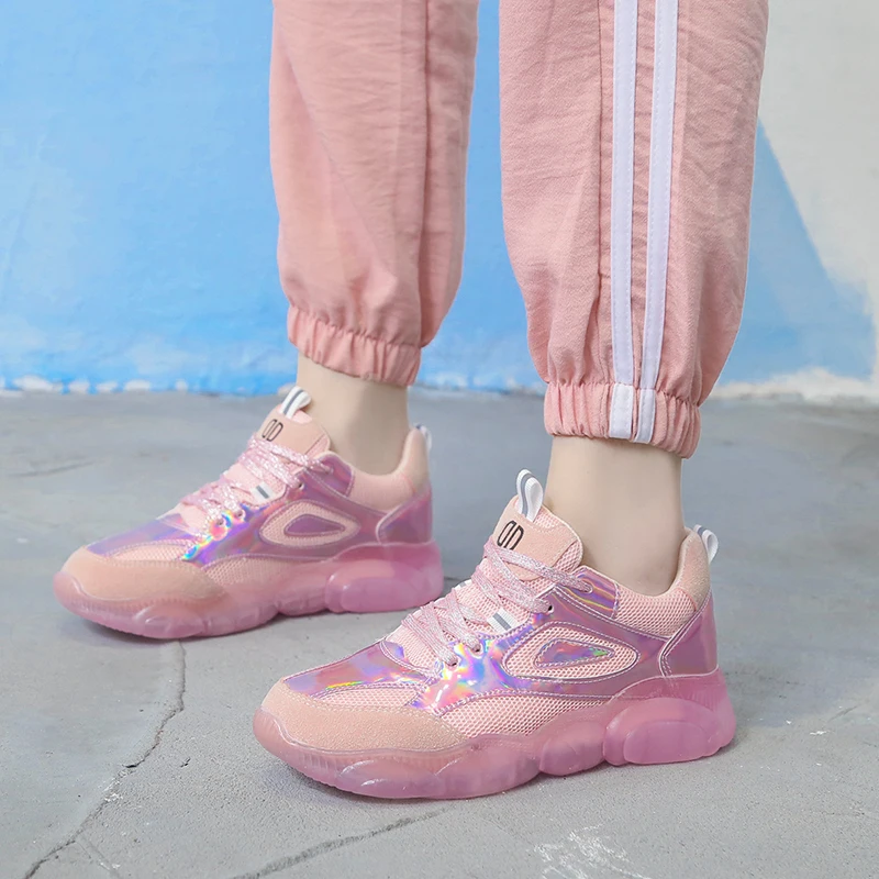 

Spring Women Chunky Sneakers Harajuku Casual Dad Shoes Platform Sneakers Transparent Jelly Sole Breathable Mesh Patent Sneakers