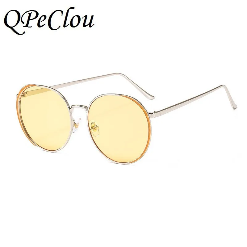 QPeClou, Ретро стиль, металлические круглые солнцезащитные очки, для женщин и мужчин, уникальная цепочка, фирменный дизайн, солнцезащитные очки, женские, цветные, Oculos De Sol Gafas - Цвет линз: Yellow0786
