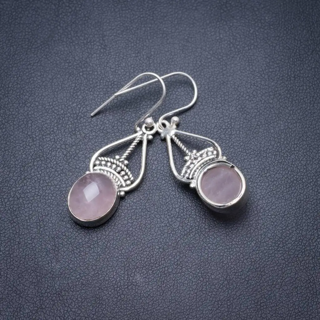 

Natural Rose Quartz Handmade Unique 925 Sterling Silver Earrings 1.5" Y3748