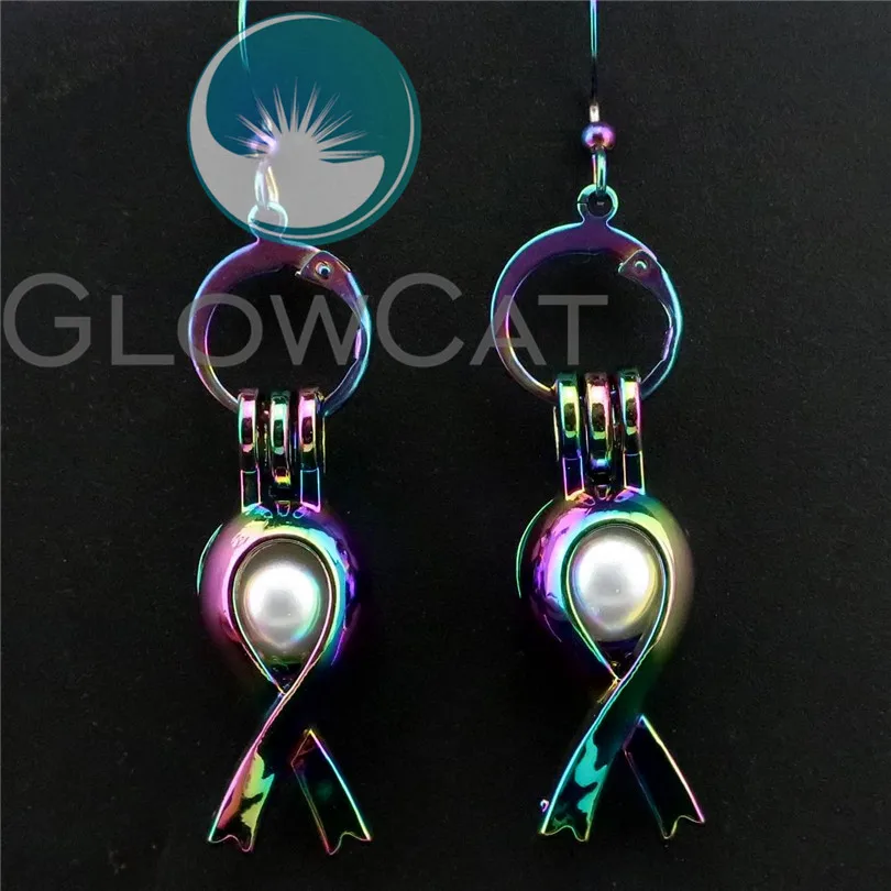 

R-CE285 Rainbow Ribbon Symbol Earrings Beads Pearl Cage Locket Perfume Aromatherapy Statement Drop Dangle Earring for Girl