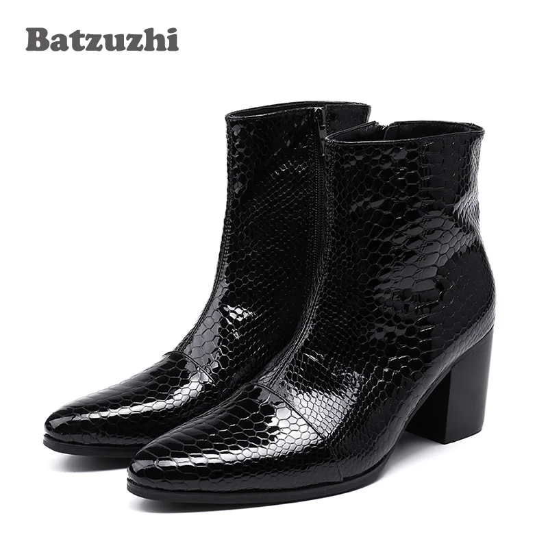 Batzuzhi Men Boots 7cm Heels Height Genuine Leather Boots Men Black