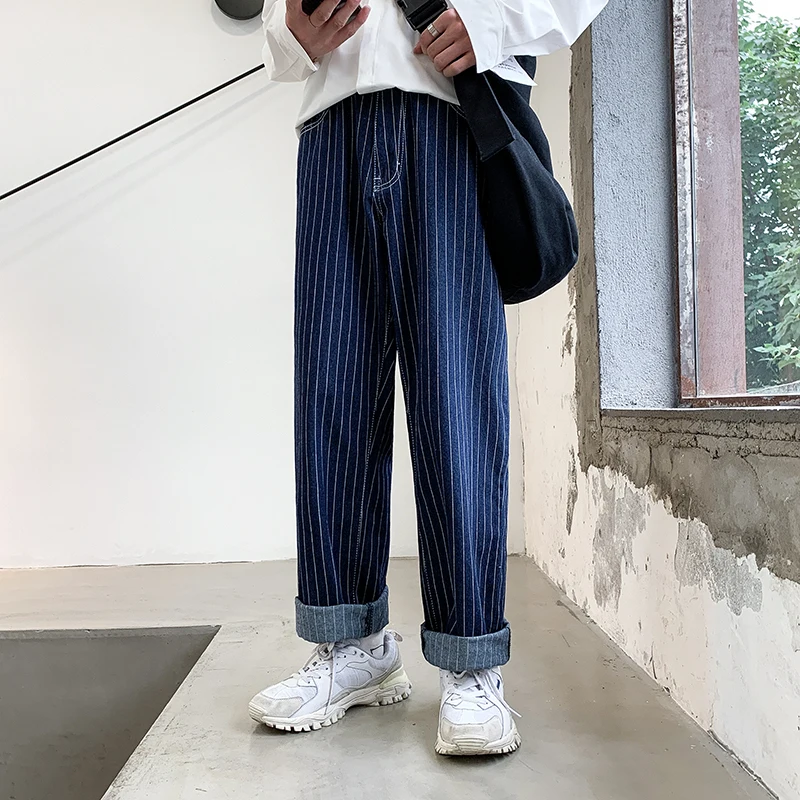 

2019 Men's Brand Stripe Printing Wide Leg Pants Tide Haren Pants Leisure Cargo Pocket Jeans Baggy Homme Mens Trousers Size M-3XL
