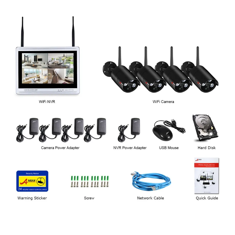  ANRAN 4CH CCTV System Wireless 1080P 12 Inch NVR Security Camera System With 2MP Outdoor Wifi IP Ca - 32803393884
