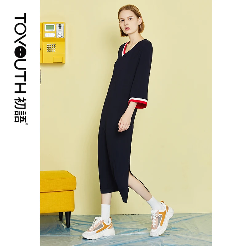 

Toyouth Summer New Dress Female Slim Contact Color V-neck Straight Loose Dress Loose Hit Color Pleated Lady Dress For Women