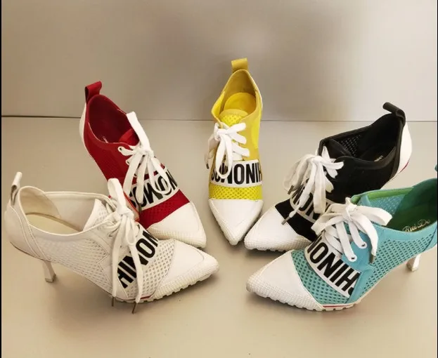 

Princess Pumps European Station 2019Spring Women Mesh Surface Candy Color Pointed Shallow High heel 7.5CM Cross-tied Girl's Shoe