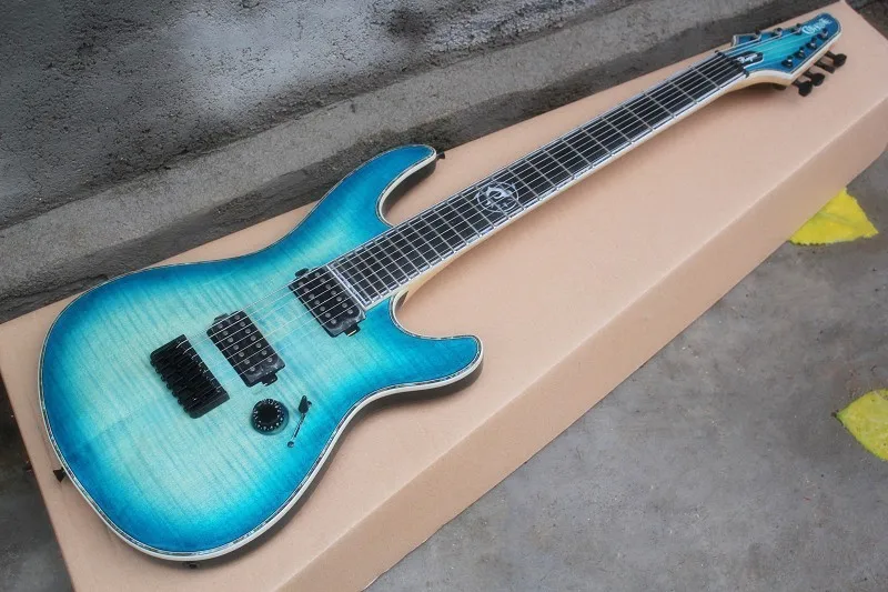 

Abalone mosaic ebony fingerboard 24 Frers 7 Strings Mayones Blue Electric Guitar Top Neck Through electricar guitar--17-11--