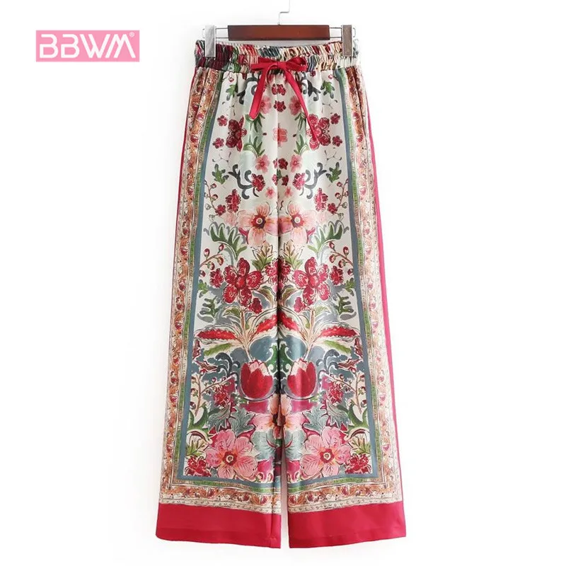 

Women's summer high waist elastic tie retro color printing loose loose wide leg pants trousers 2018