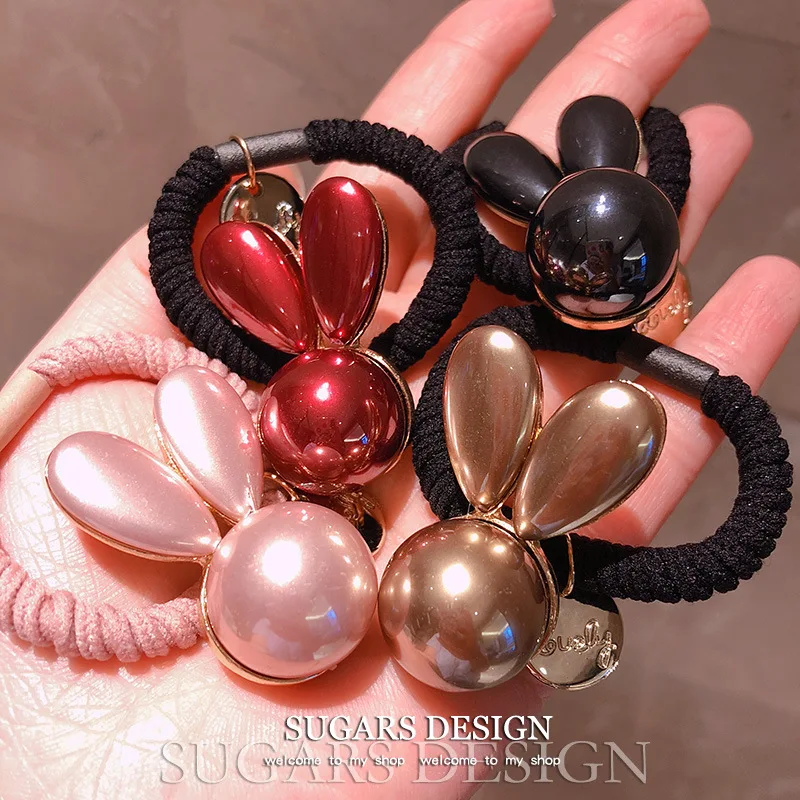 

Girl Fashion Pearl Bunny Rabbit Ears Scrunchies Women Girls Elastic Hair Rubber Bands Accessories For Women Ponytail Holder
