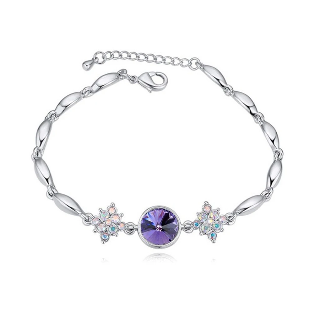 

BRT003 Women DIY 925 Silver Chain Round Purple Crystal Bracelets Flower Bracelets For Women Charms Fine Jewelry
